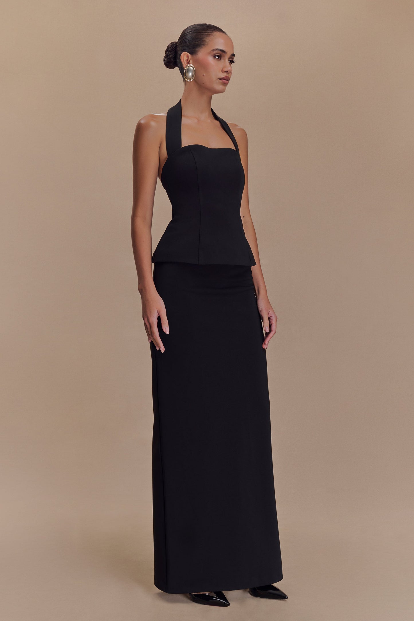 Bertie Peplum Halter Maxi Dress - Black