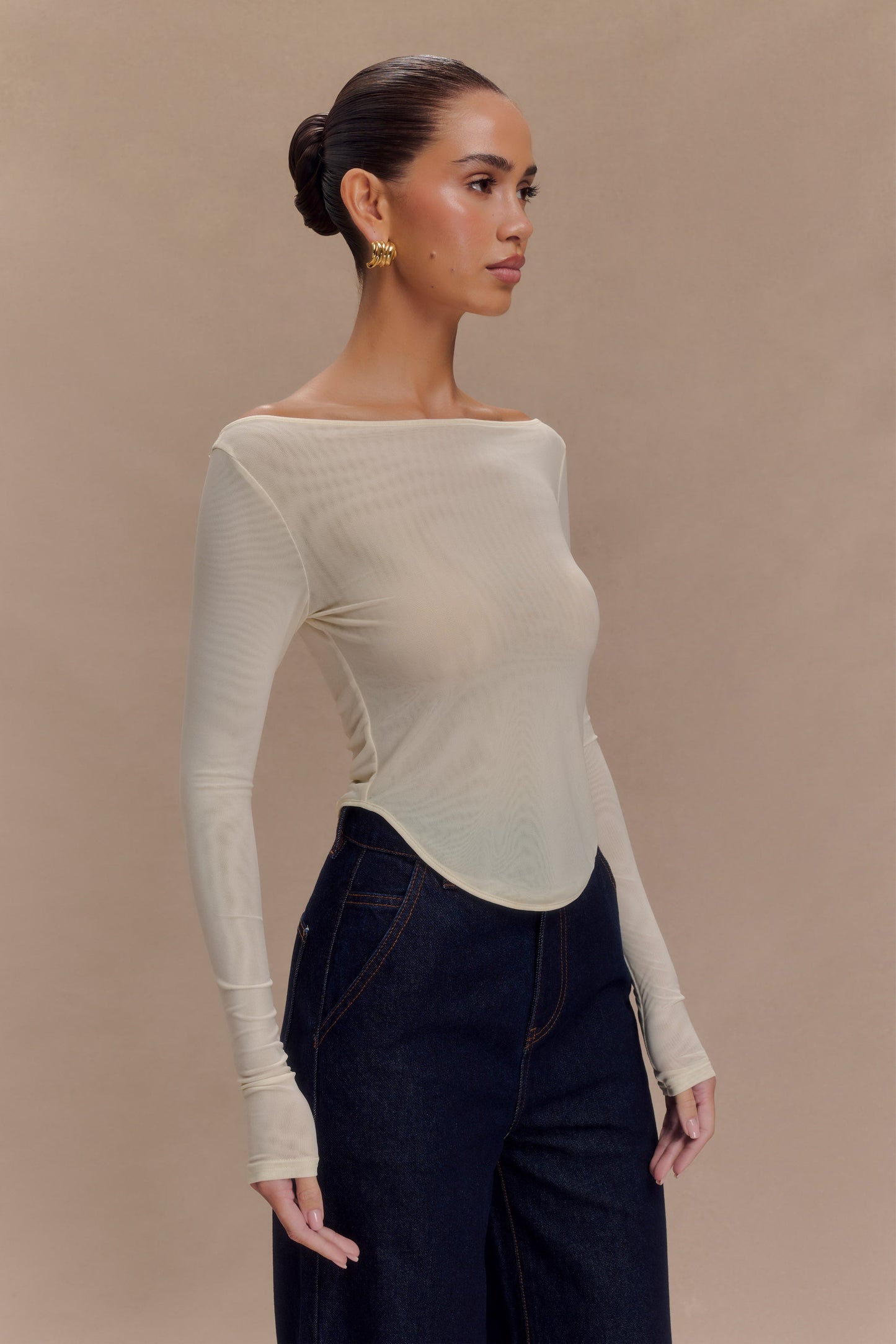 Colette Boat Neck Mesh Top - Ivory