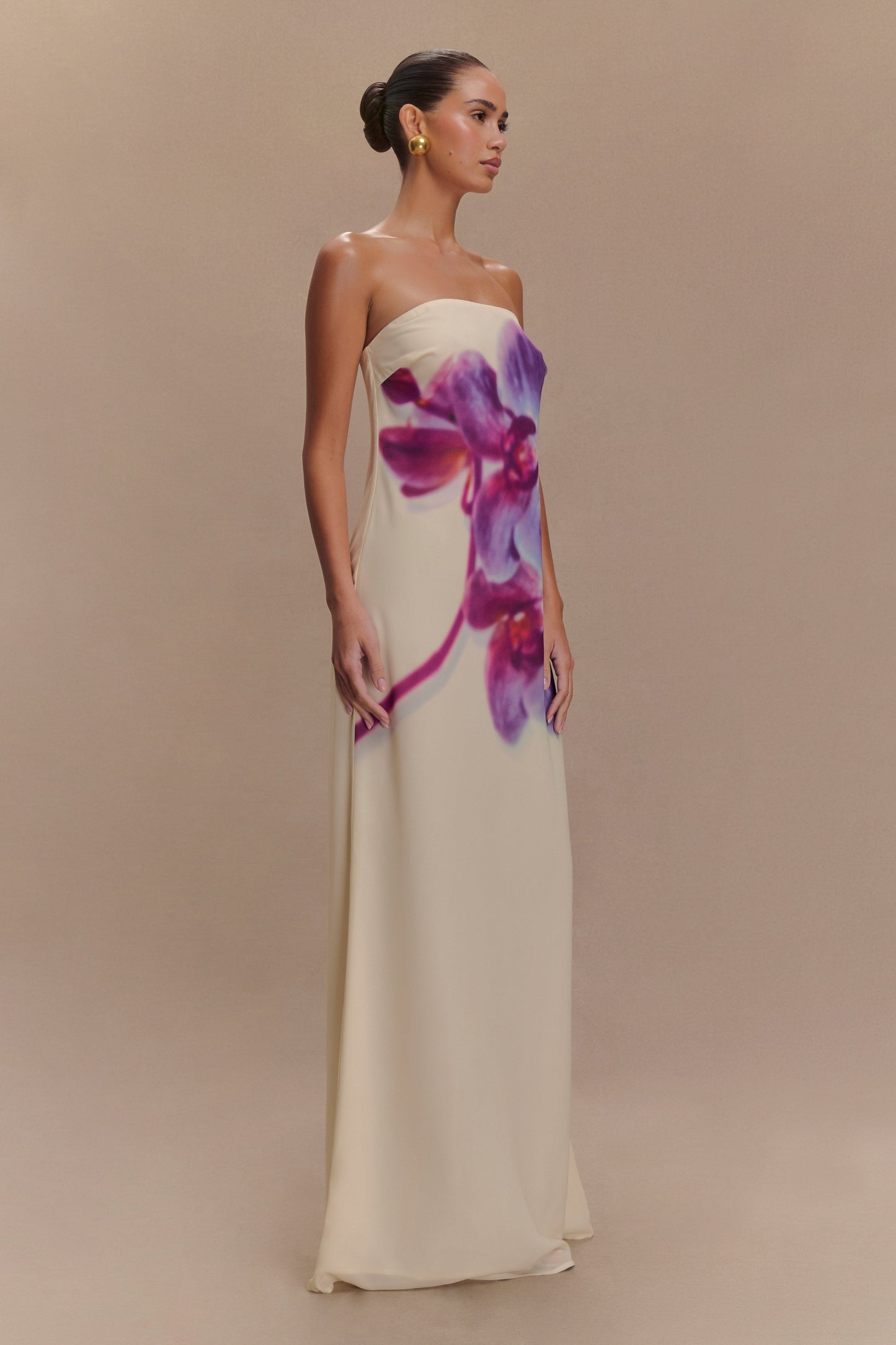 Amaya Strapless Chiffon Maxi Dress - Ivory Koi Orchid Print