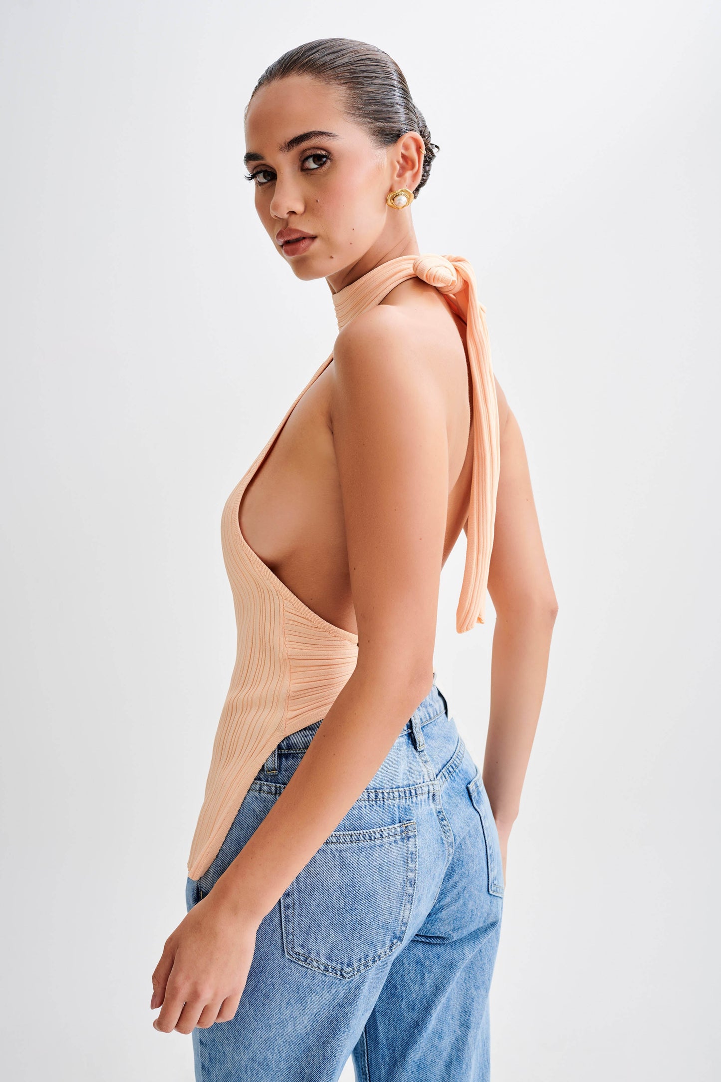 Laila Longline Halter Rib Knit Top - Light Peach