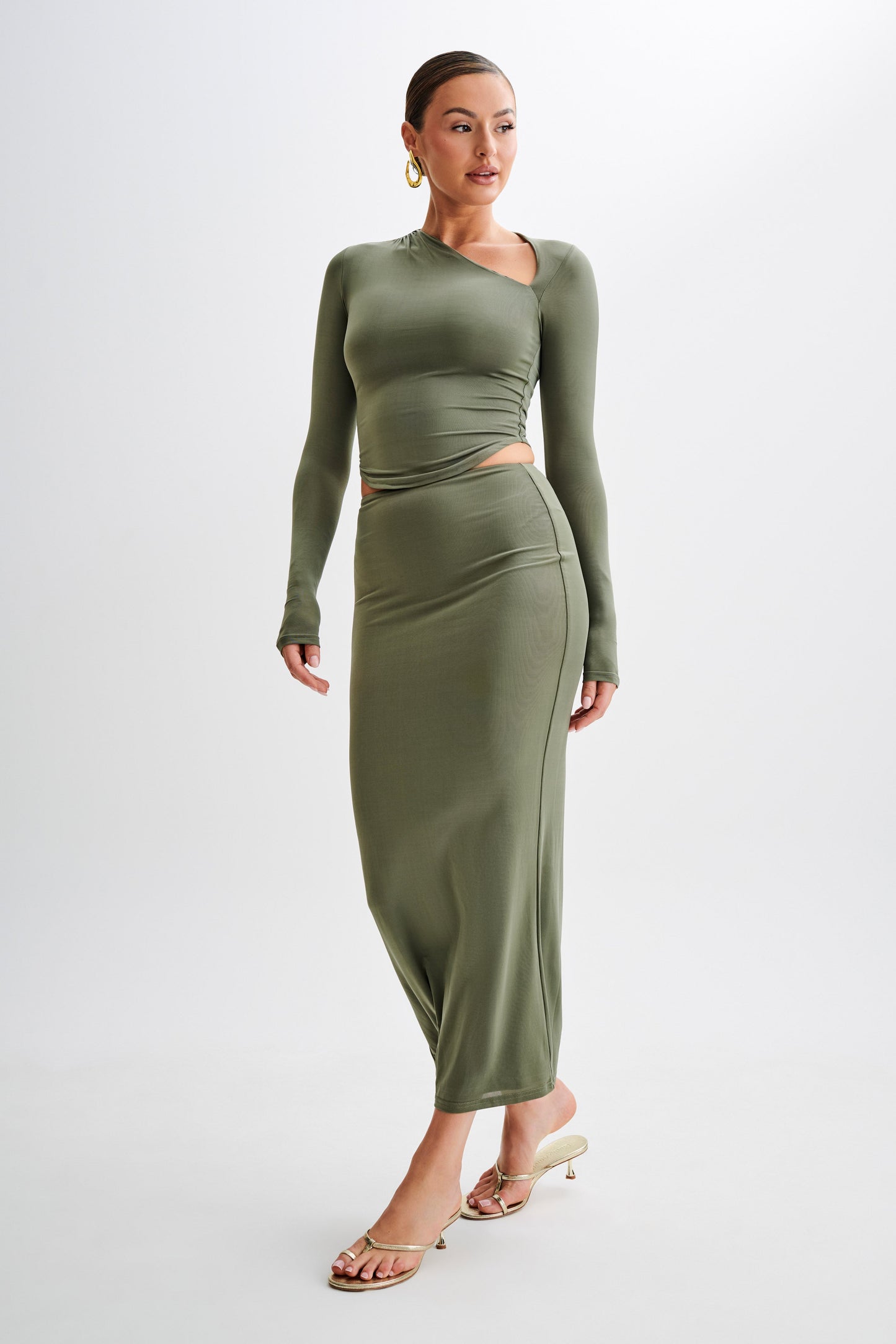 Bruna Slinky Long Sleeve Top with Cut Out - Military Olive