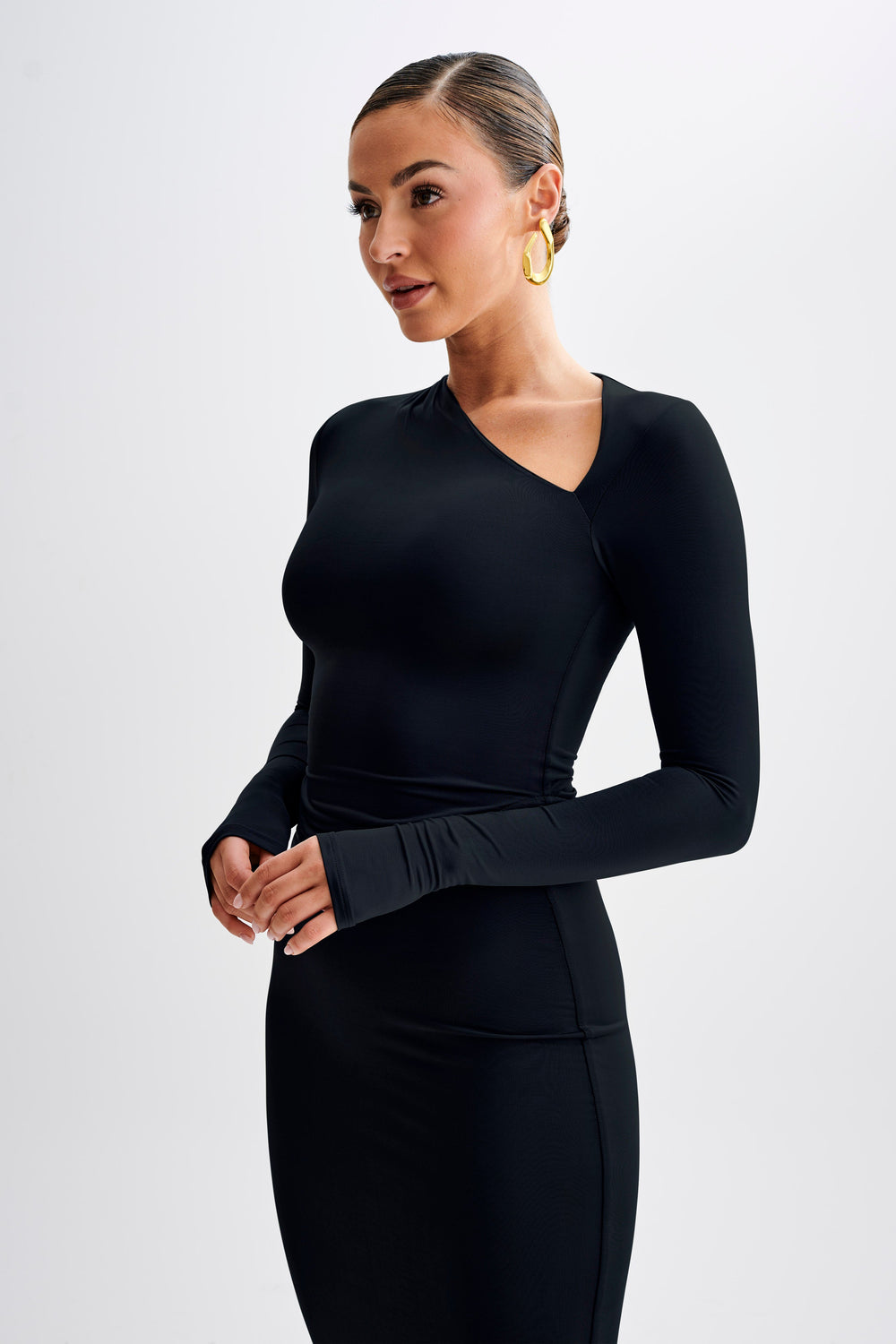 Bruna Slinky Long Sleeve Top With Cut Out - Black