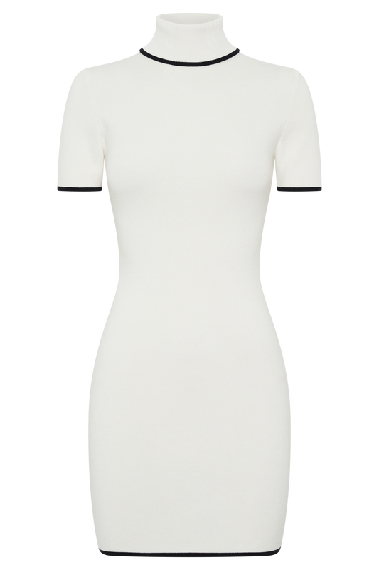 Hayley Turtleneck Contrast Knit Mini Dress - Ivory