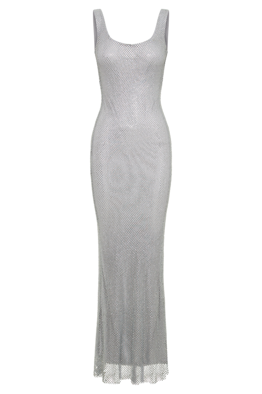 Annika Diamante Mesh Maxi Dress - Silver