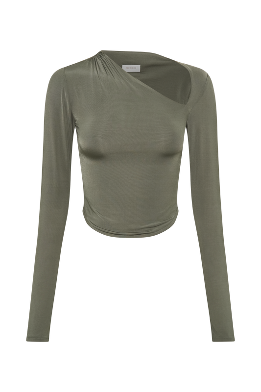 Bruna Slinky Long Sleeve Top with Cut Out - Military Olive