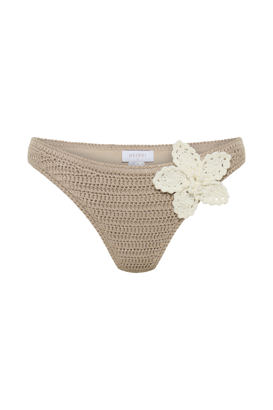 Skye Floral Crochet Tie Up Bikini Bottom - Taupe/White