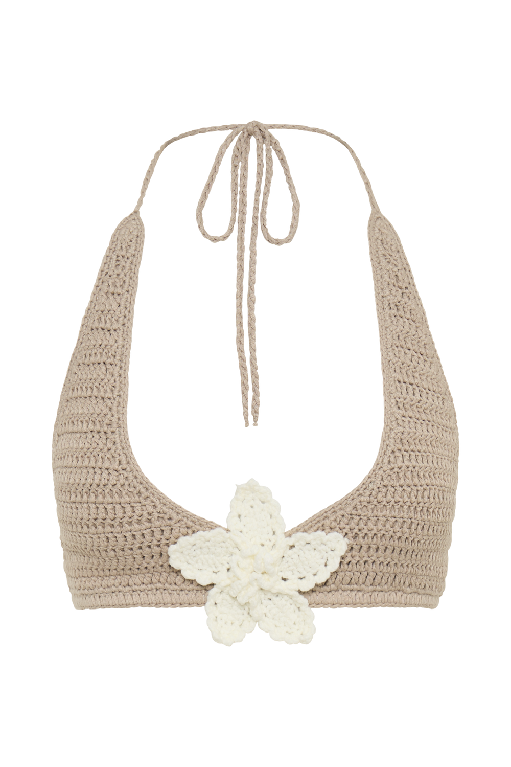 Rhiannon Floral Crochet Halter Bikini Top - Taupe/White