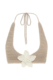 Rhiannon Floral Crochet Halter Bikini Top - Taupe/White