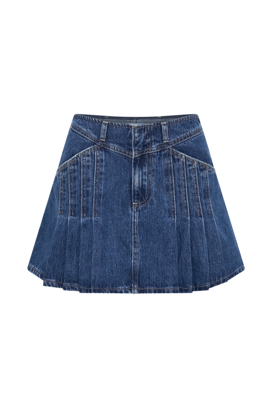 Heather Denim Pleated Mini Skirt - Dark Blue