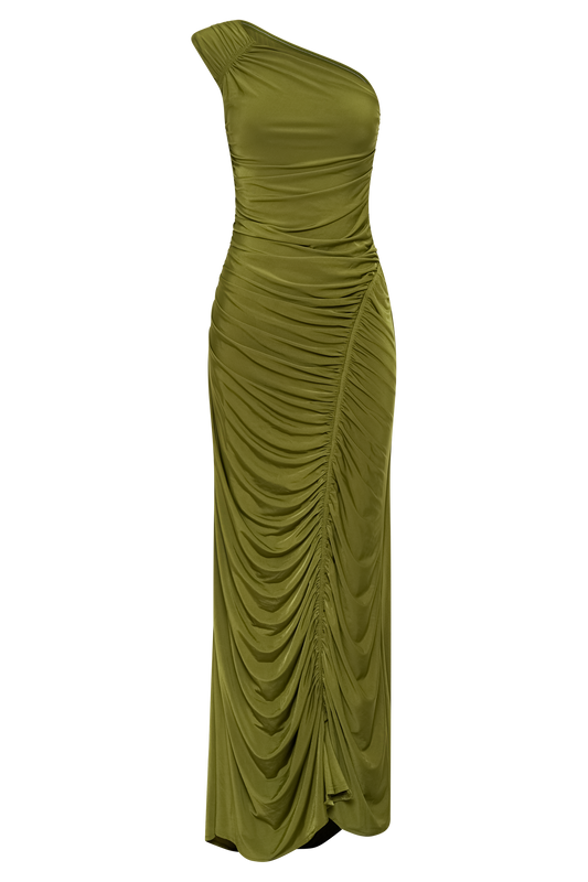 Capri Gathered Slinky Maxi Dress - Vintage Olive