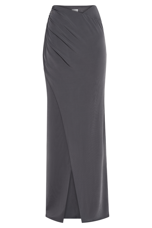 Bronwyn Slinky Ruched Maxi Skirt With Split - Charcoal