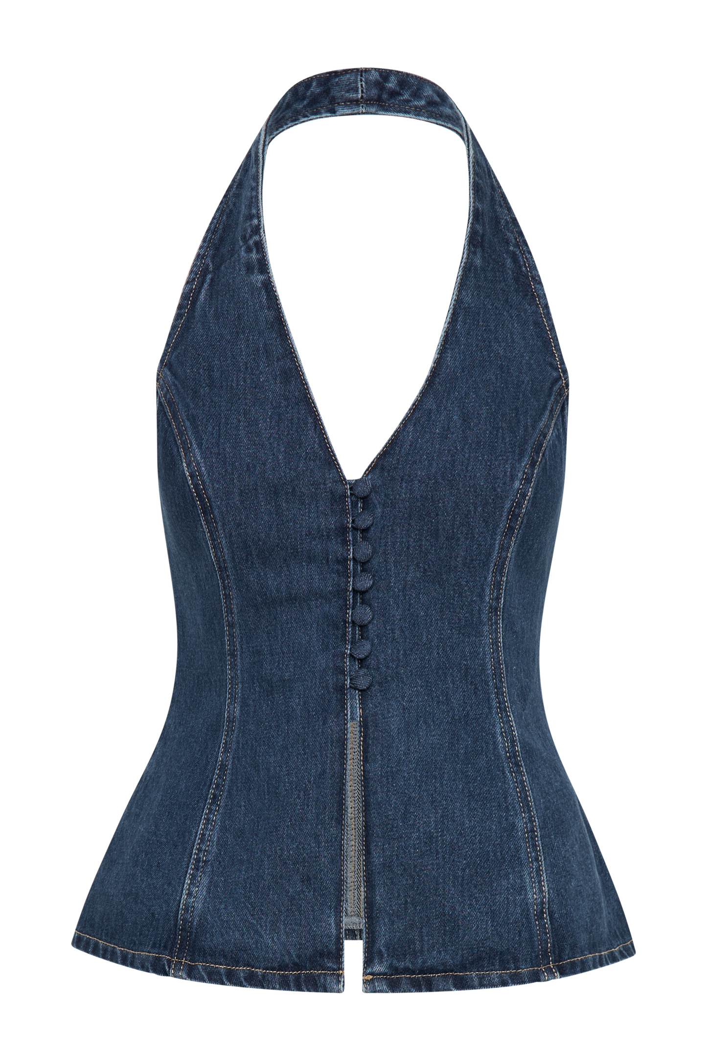 India Button Front Halter Denim Longline Top - Dark Blue