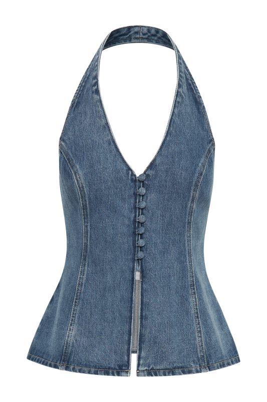 India Button Front Halter Denim Longline Top - Washed Mid Blue