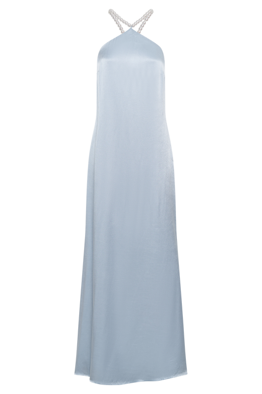 Blanche Satin Pearl Halter Maxi Dress - Cornflower Blue