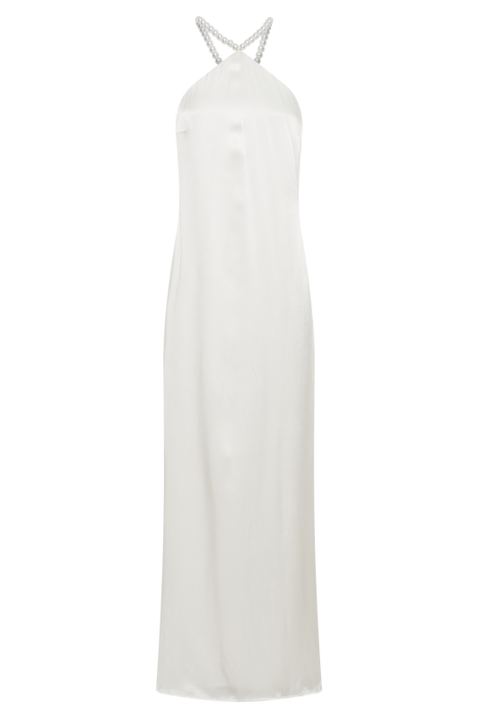 Blanche Satin Pearl Halter Maxi Dress - White