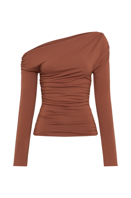 Alayna Long Sleeve Recycled Nylon Ruched Top - Wood