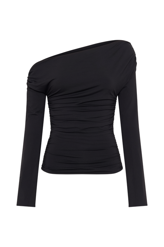 Alayna Long Sleeve Recycled Nylon Ruched Top - Black