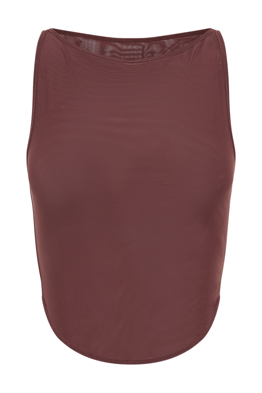 Marla Boat Neck Sheer Mesh Top - Mahogany