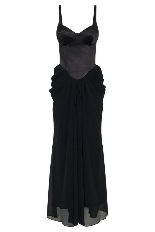 Leila Satin Corset Maxi Dress - Black