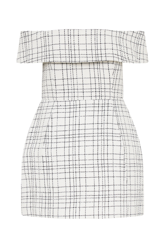 Helena Tweed Off Shoulder Mini Dress - White Check