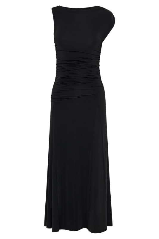 Navanna Asymmetric Slinky Midi Dress - Black