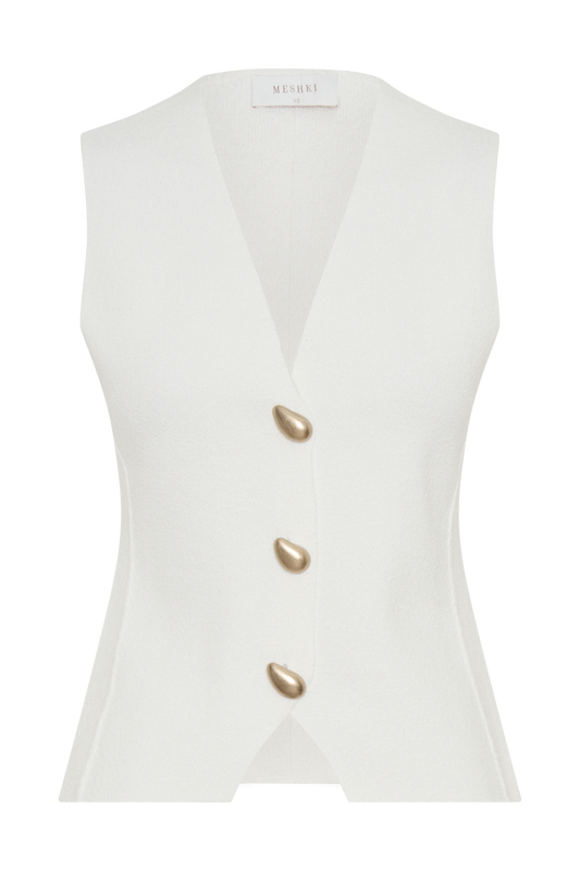 Malika Sleeveless Gold Button Vest - White