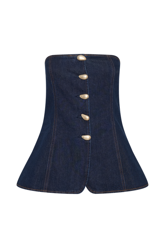 Lennox Strapless Long Line Button Top - Indigo Blue