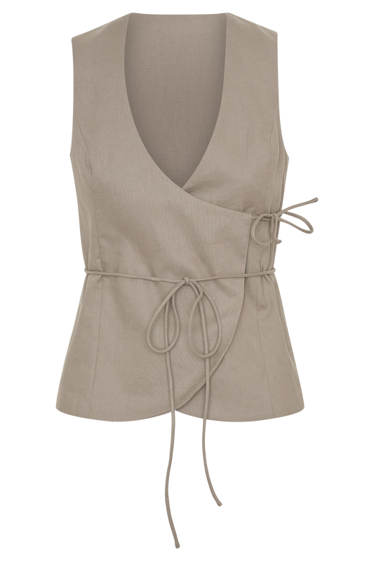 Brandi Linen Sleeveless Wrap Top - Pebble