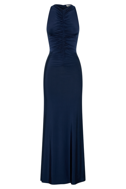 Priya Slinky Ruched Halter Maxi Dress - Navy