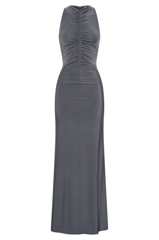 Priya Slinky Ruched Halter Maxi Dress - Dark Charcoal