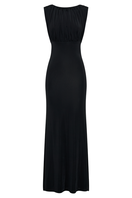 Malia Slinky Ruched Maxi Dress - Black