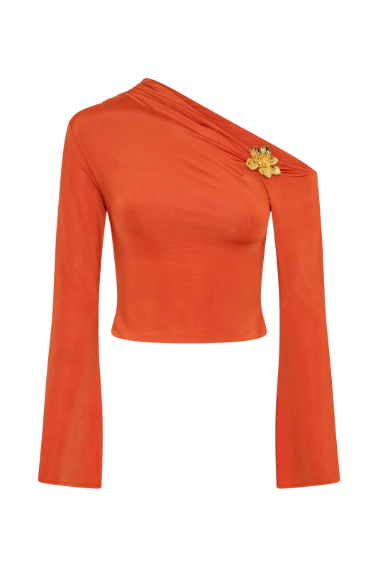 Ainsley Asymmetrical Long Sleeve Top With Floral Hardware - Burnt Orange