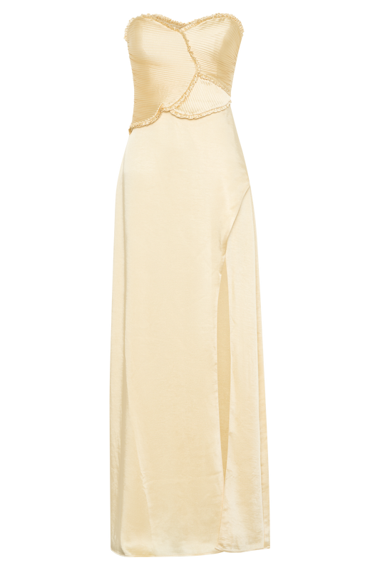 Larissa Satin Maxi Dress With Ruched Petals - Lemon