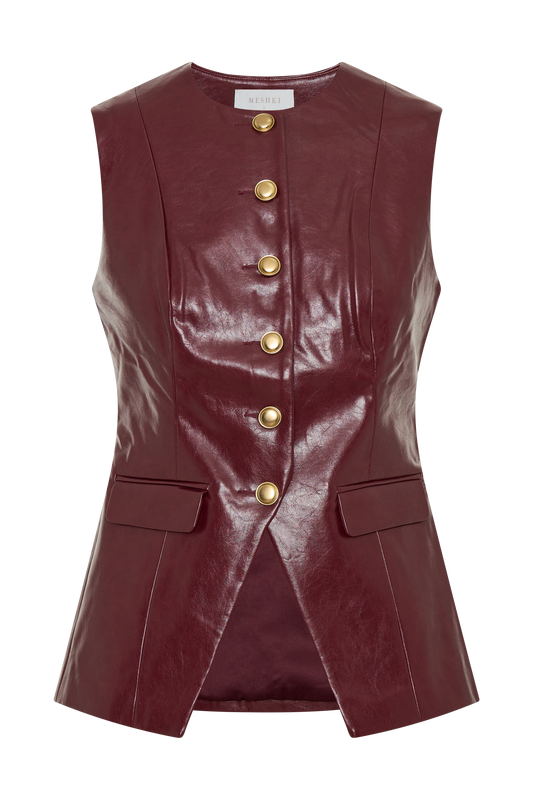 Coralia Faux Leather Sleeveless Vest - Cherry Red