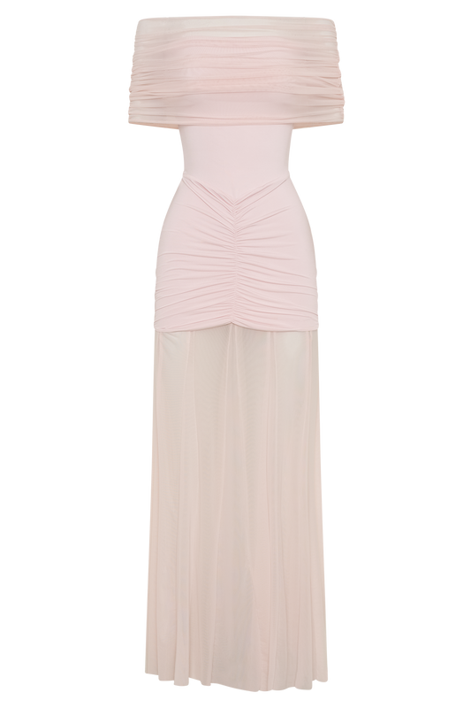 Caspian Slinky And Mesh Off Shoulder Maxi Dress - Pale Pink