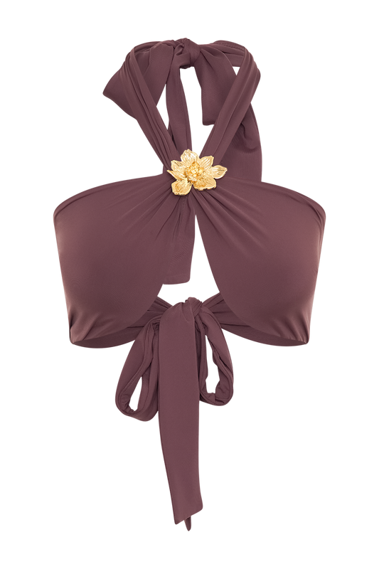 Carissa Floral Hardware Halter Bikini Top - Chocolate