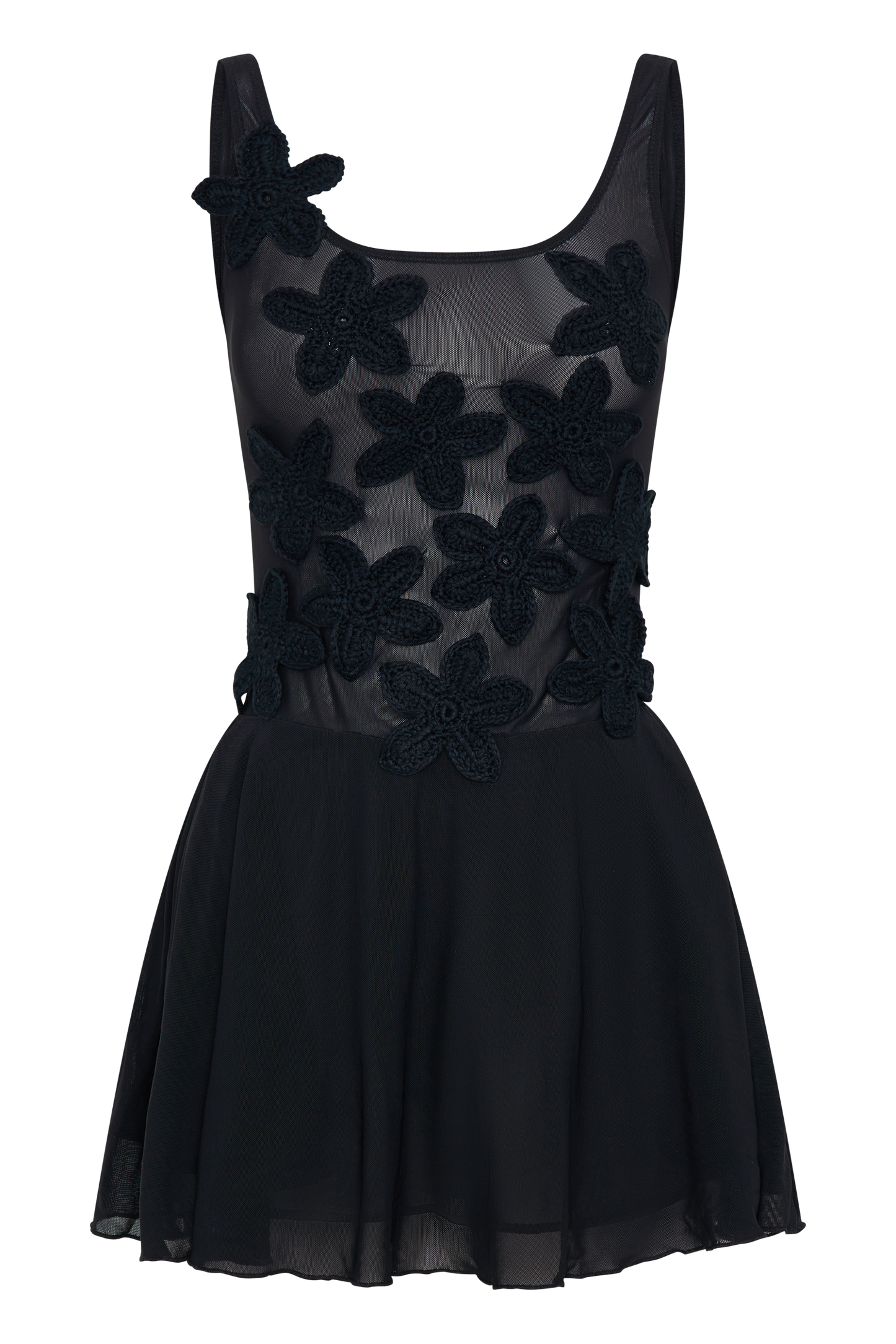 Melanie Mesh Mini Dress With Flowers - Black