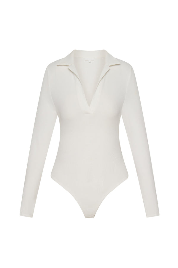 Belle Long Sleeve Collar Bodysuit - White - MESHKI U.S