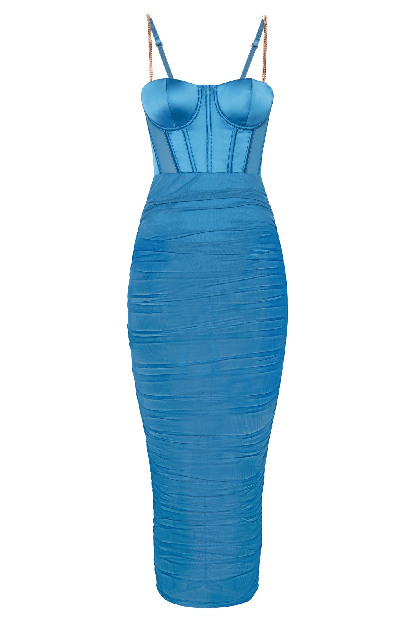 Tiarne Satin And Mesh Corset Midi Dress - Marine Blue