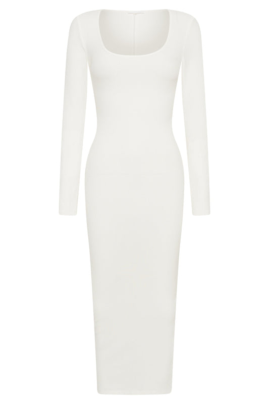 Sierra Scoop Neck Long Sleeve Midi Dress - White