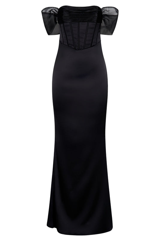 Everly Off Shoulder Organza Satin Maxi Dress - Black