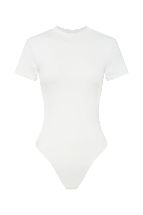 White Short Sleeve Crew Neck Simple Bodysuit - white / XL