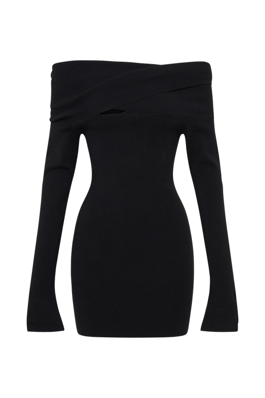 Clover Off Shoulder Knit Mini Dress - Black