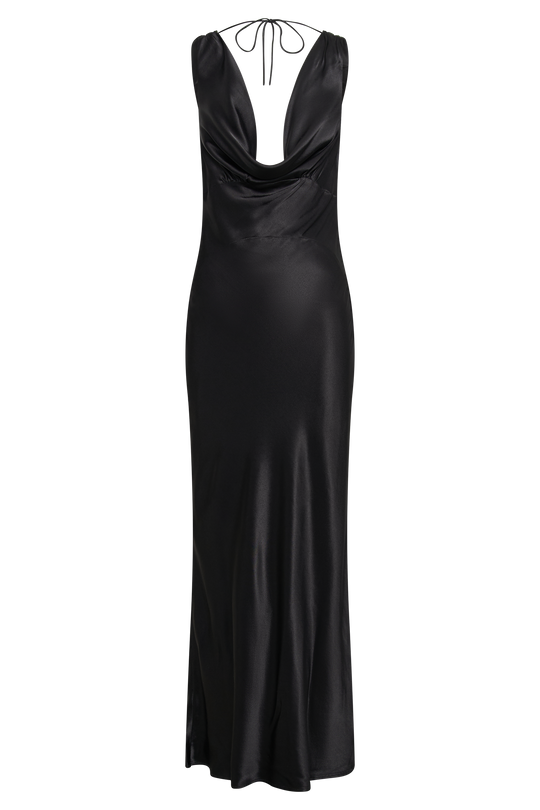 Angelique Satin Cowl Back Maxi Dress - Black - MESHKI U.S