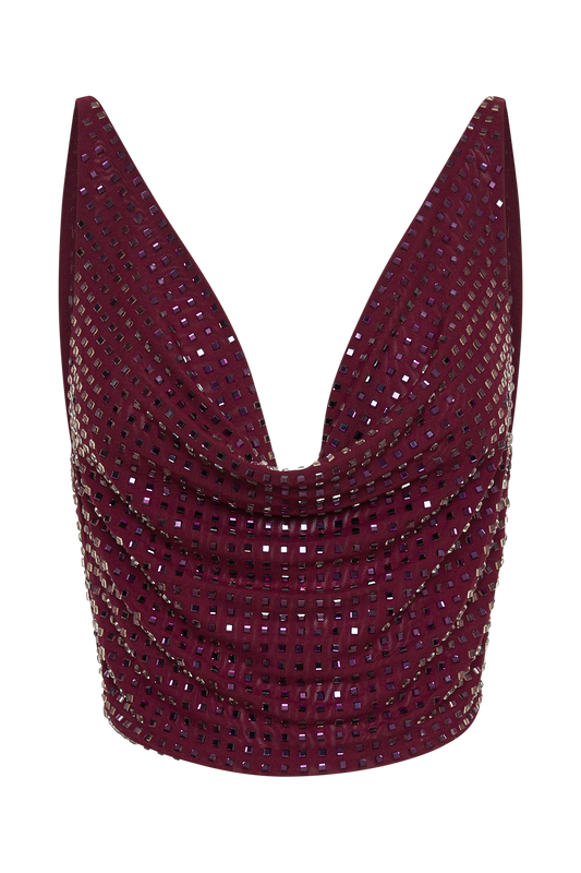 Ellery Square Diamante Cowl Top - Berry