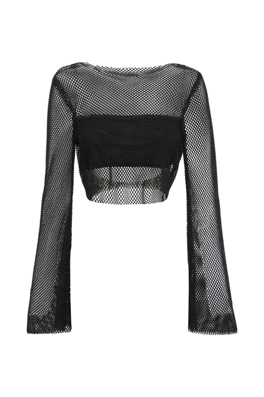 Hilton Diamante Mesh Cowl Top - Black