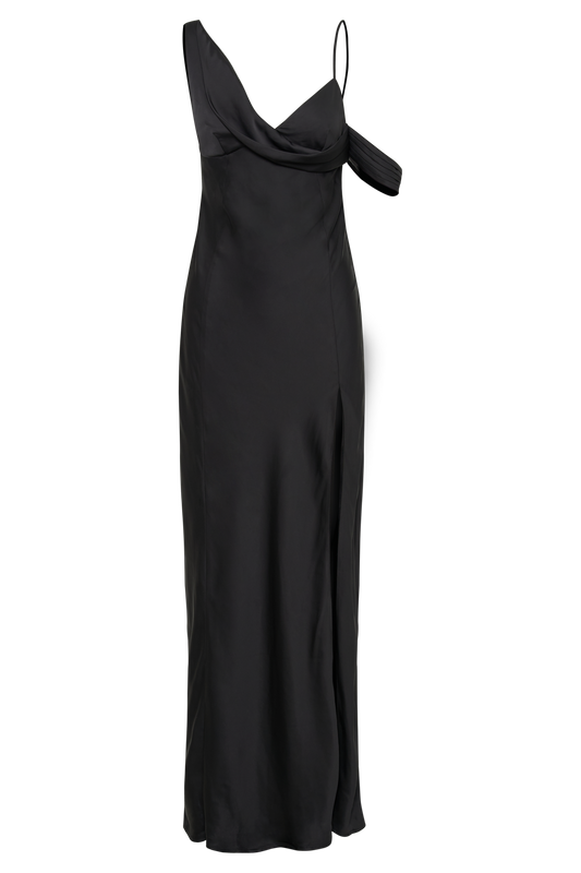 Soleil Satin Off Shoulder Maxi Dress - Black