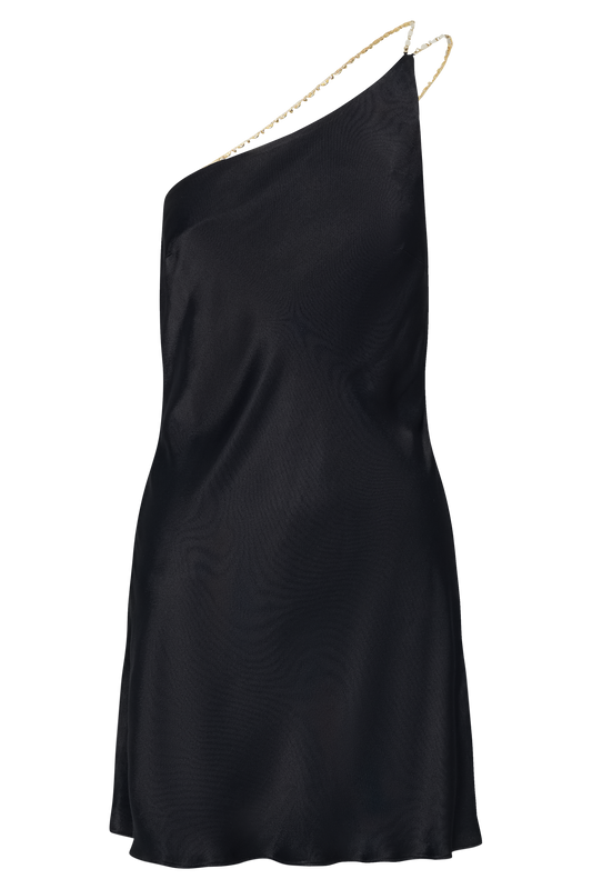 Berina One Shoulder Mini Dress With Pearl Trim - Black