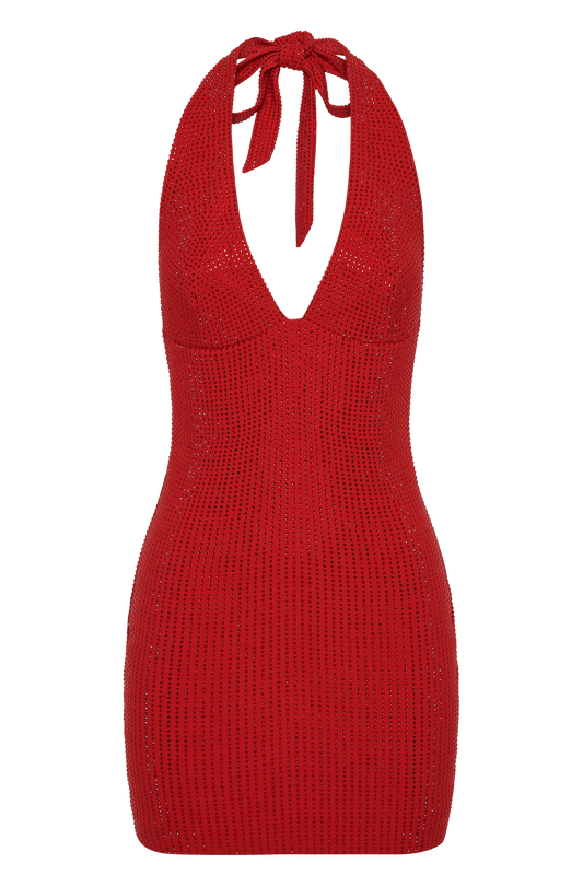 Seina Diamante Halter Mini Dress - Vermilion Red