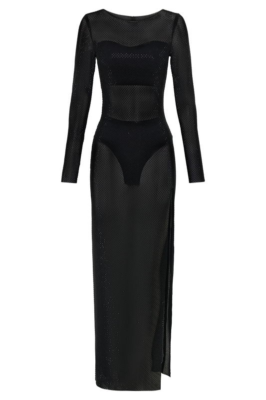 Sevanna Diamante Long Sleeve Maxi Dress - Black